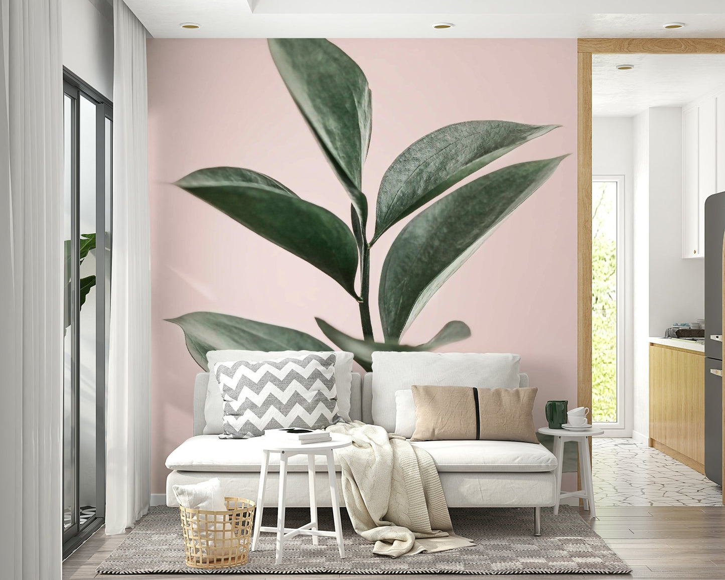 Floral-themed wall mural in pink and green harmony

