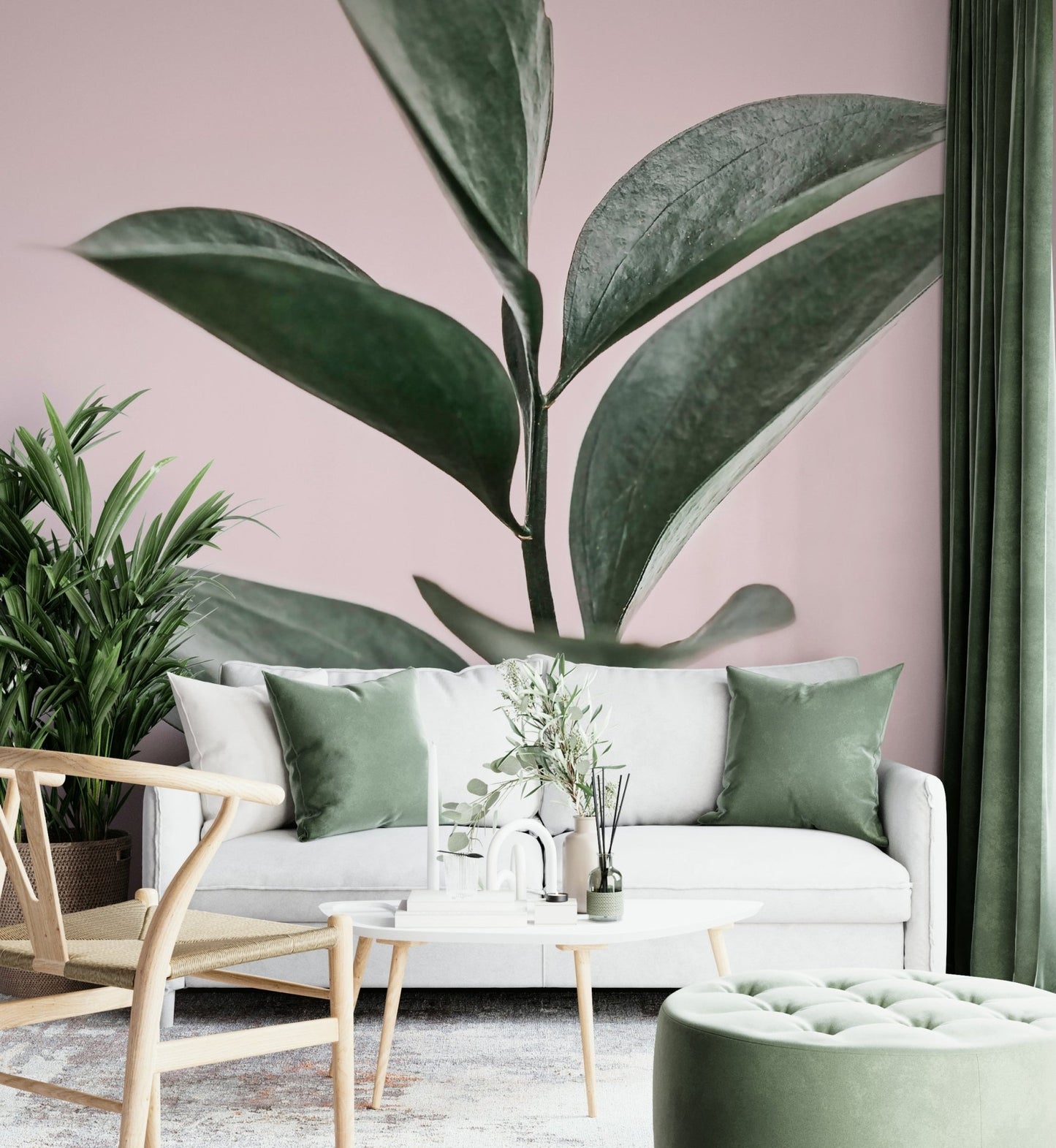 Tranquil mural design with pink blossoms and foliage

