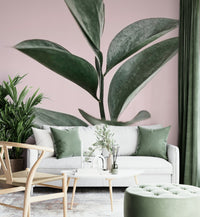 Tranquil mural design with pink blossoms and foliage

