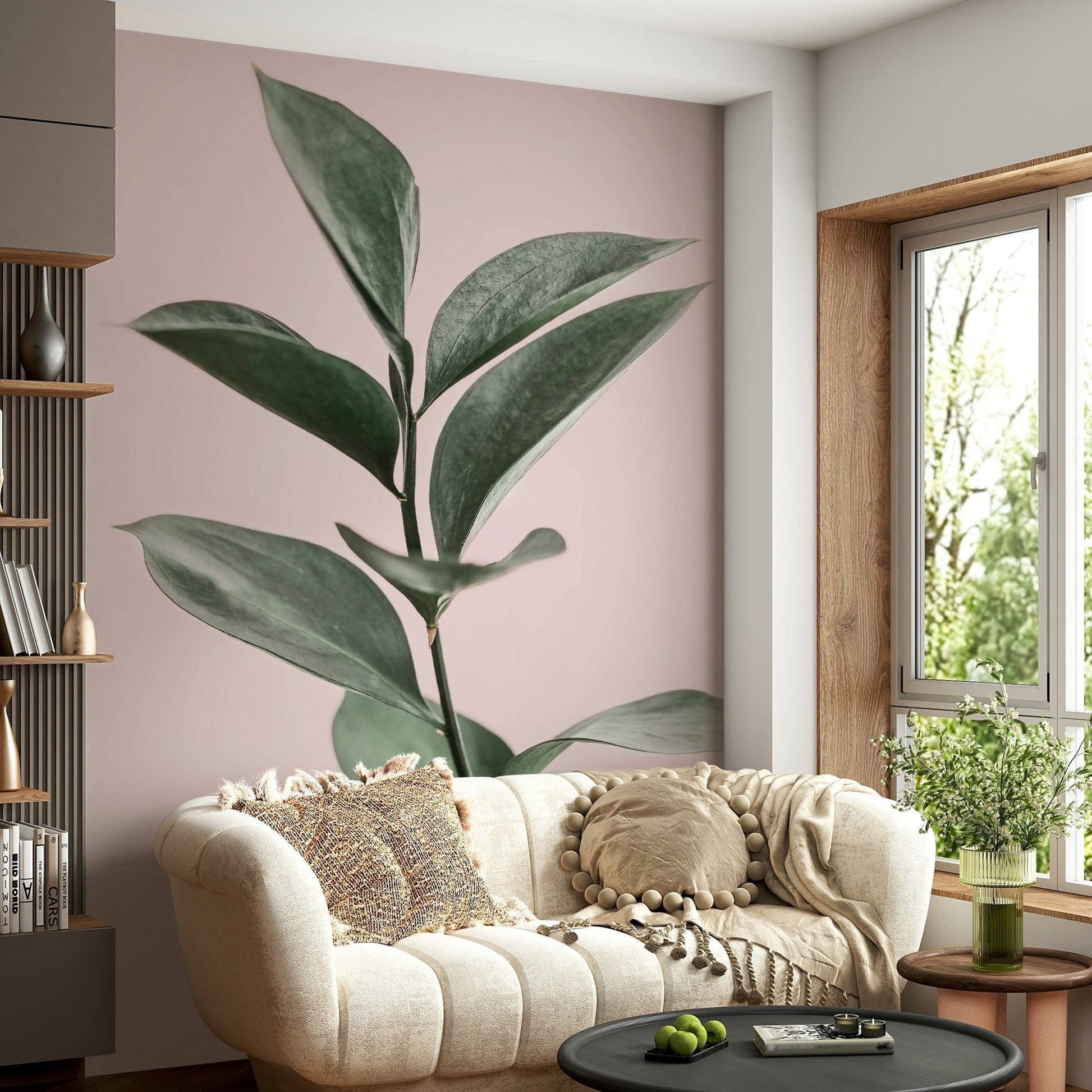 Botanical mural in pink and green color palette

