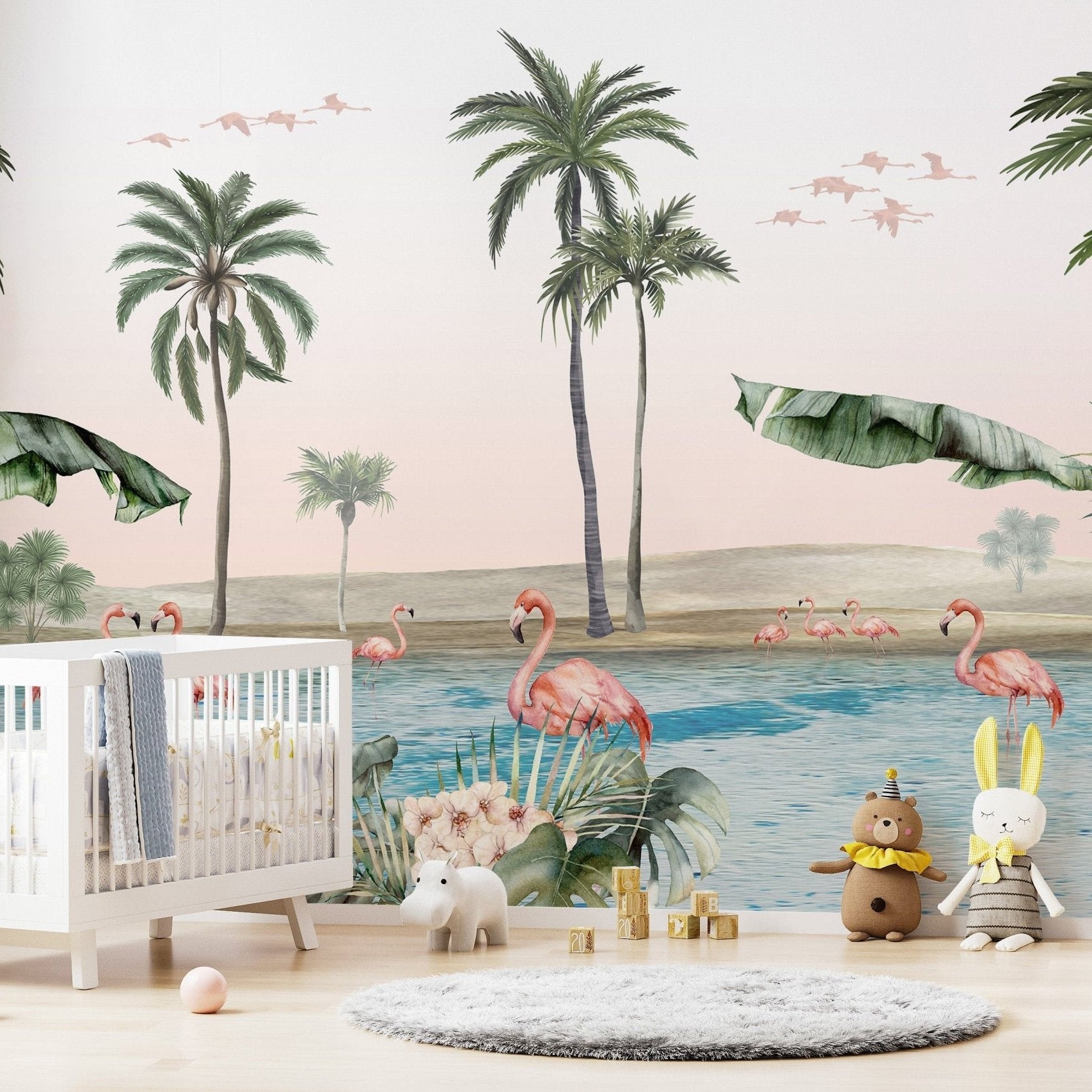 Tropical flamingo wallpaper featuring serene oasis design KB24