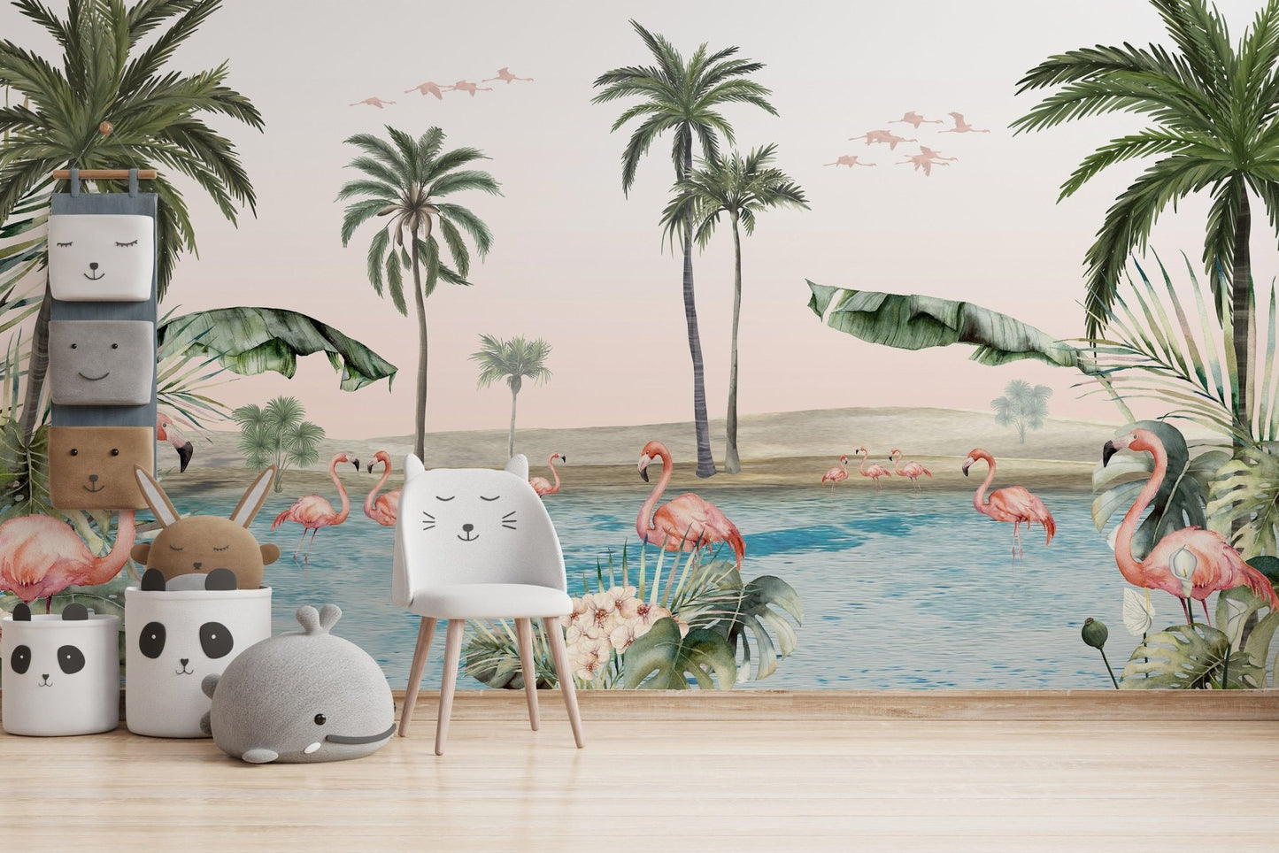 Flamingo oasis-themed wallpaper with tropical plants and water KB24