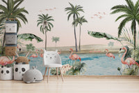 Flamingo oasis-themed wallpaper with tropical plants and water KB24