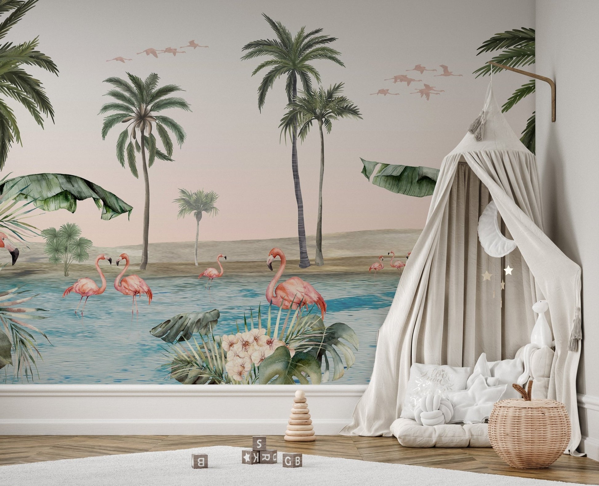 Flamingo wallpaper mural with pink background and greenery KB24