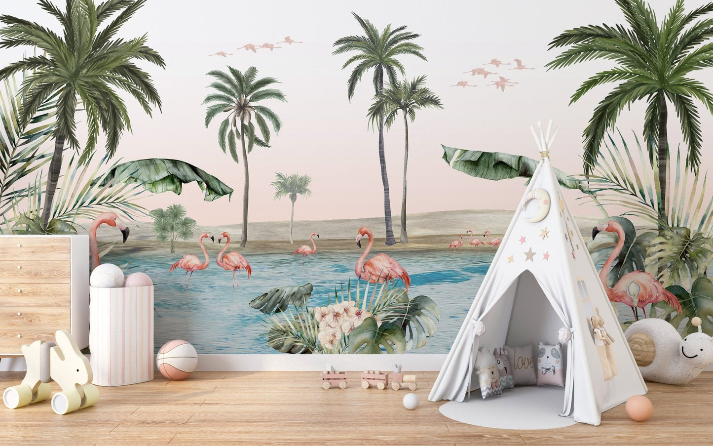 Flamingo oasis with pink background wallpaper - Giffywalls KB24