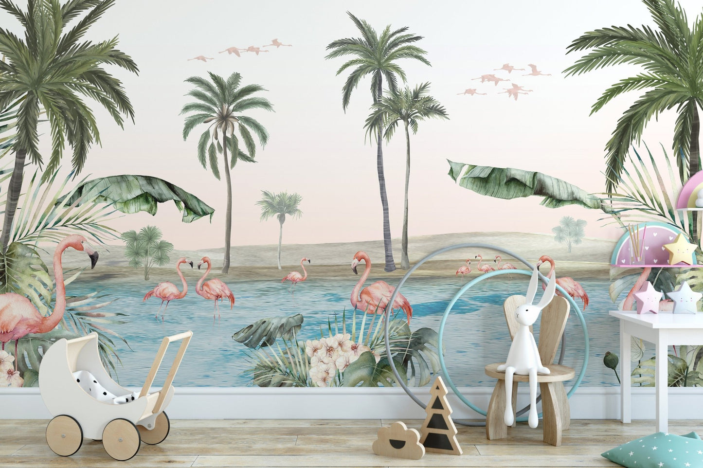 Oasis-themed wallpaper with flamingos and tropical vibes KB24