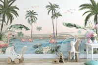 Oasis-themed wallpaper with flamingos and tropical vibes KB24