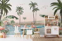 Flamingo oasis wallpaper with pink background and palm trees KB24