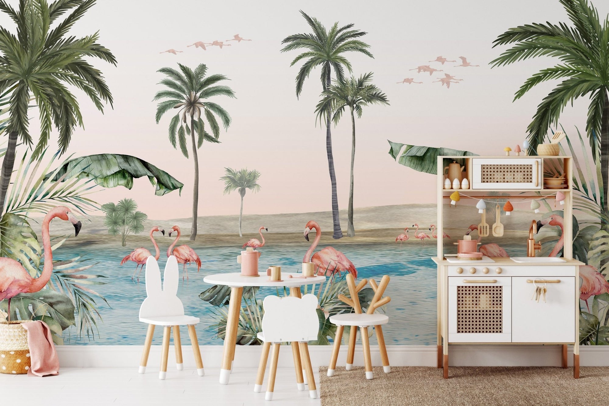 Flamingo oasis wallpaper with pink background and palm trees KB24