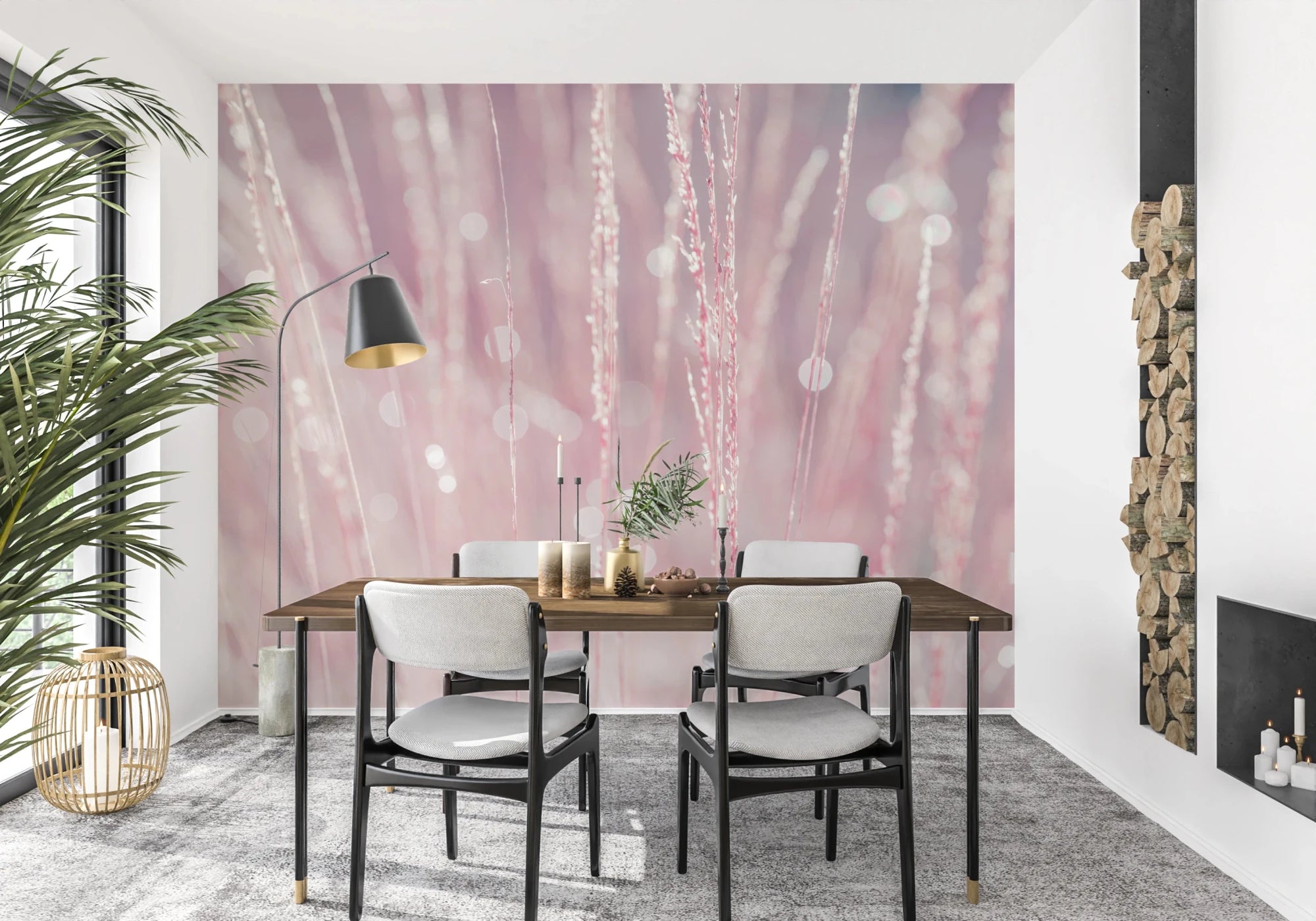Dining room styled with Pink Haze Wall Mural in soft blush abstract texture, GD8784
