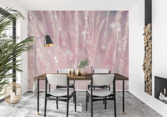 Dining room styled with Pink Haze Wall Mural in soft blush abstract texture