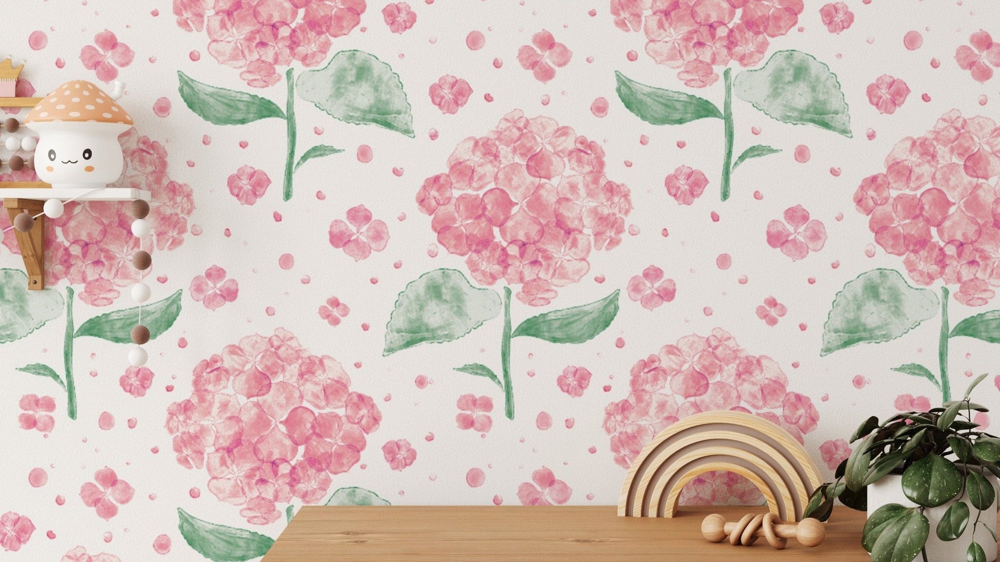 Whimsical pink hydrangea wallpaper for a soft, floral ambiance. RNM49
