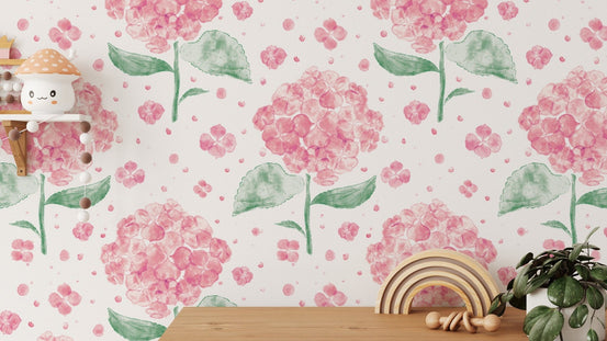 Whimsical pink hydrangea wallpaper for a soft, floral ambiance. RNM49
