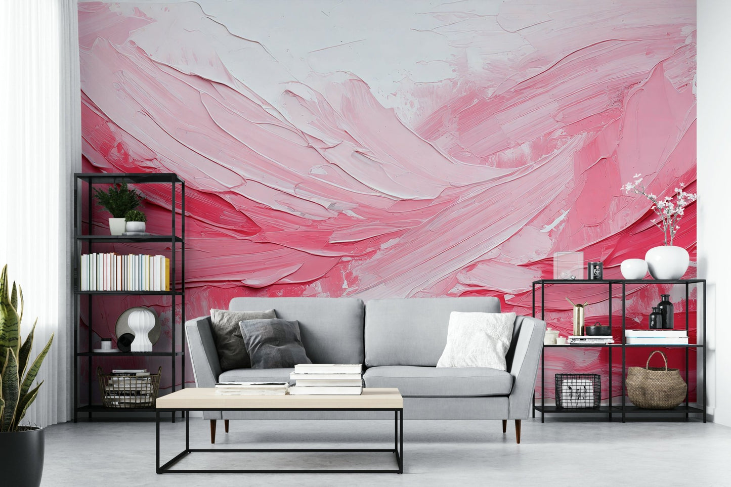 Close-up of painterly brushwork on pink mural design, GD2170