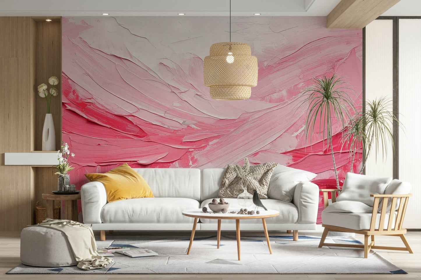 Large-scale pink wall mural with fluid impressionist style, GD2170