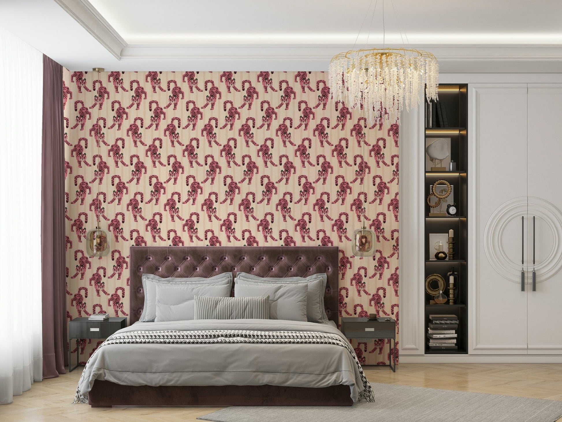 Bedroom with pink tiger wallpaper mural

