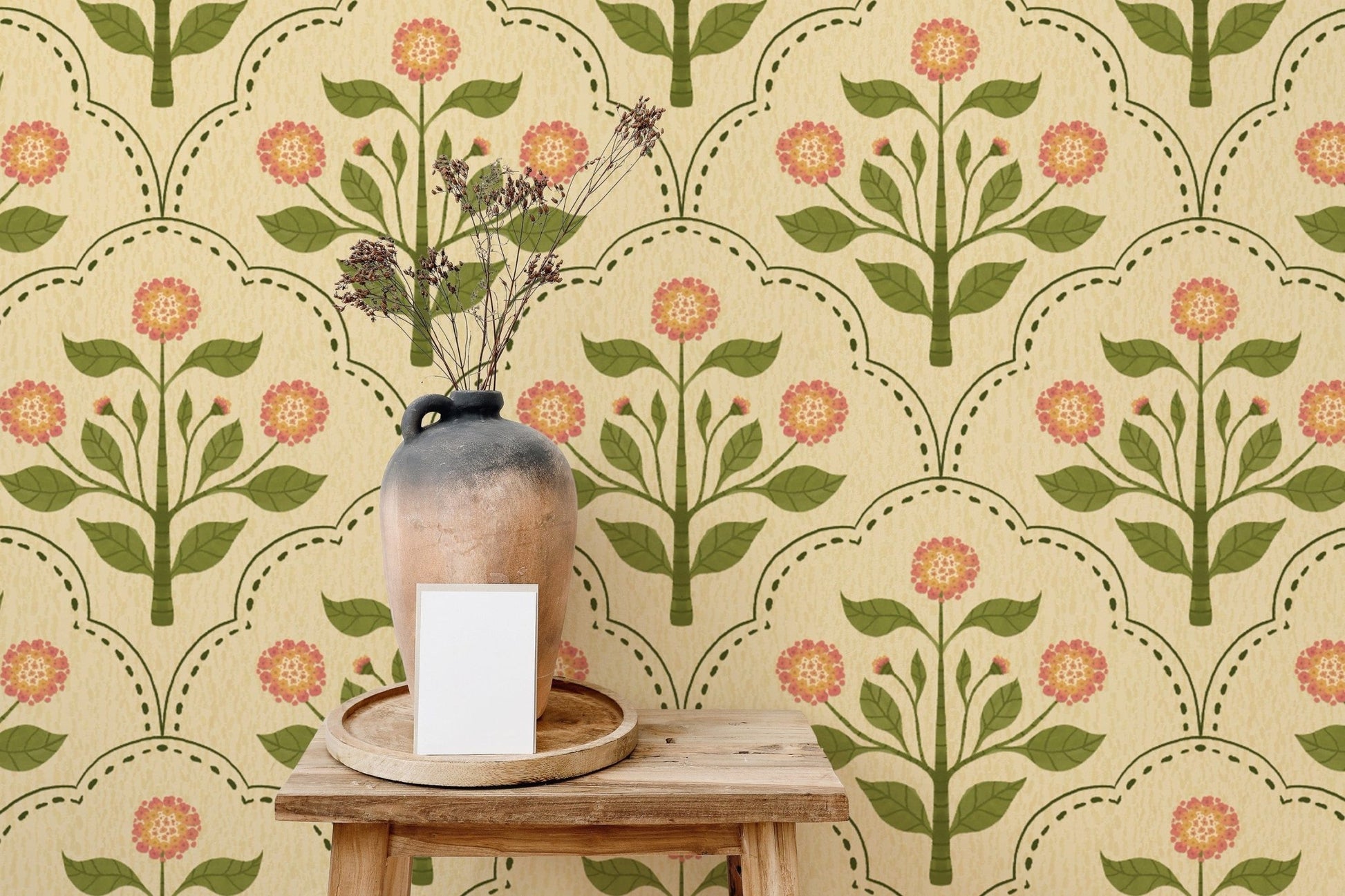 Beige wallpaper with pink flowered plant designs RNM55
