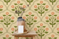 Beige wallpaper with pink flowered plant designs RNM55
