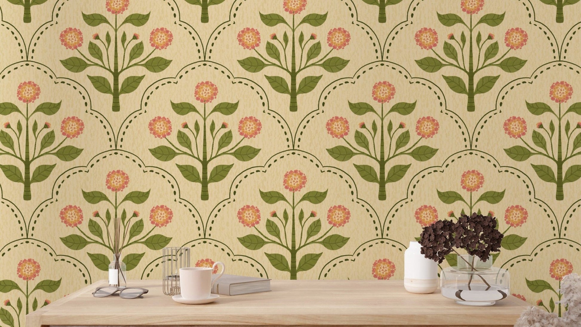 Floral wallpaper with pink lantana and green leaves RNM55

