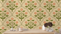 Floral wallpaper with pink lantana and green leaves RNM55
