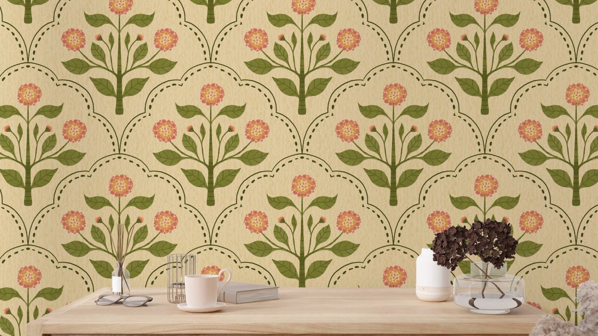 Floral wallpaper with pink lantana and green leaves RNM55
