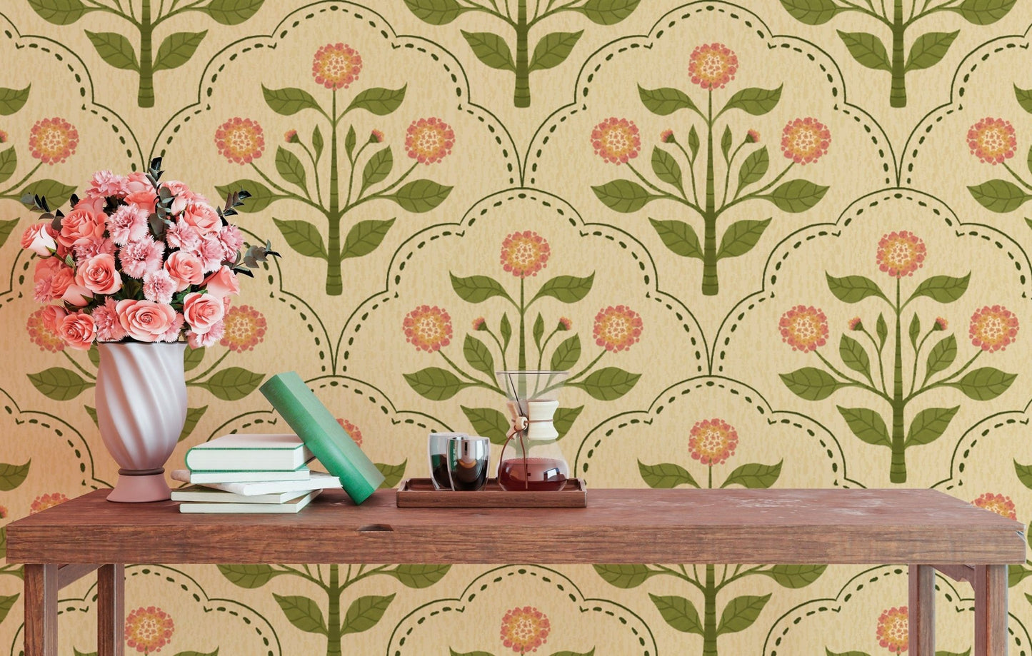 Decorative wallpaper with pink and green florals RNM55
