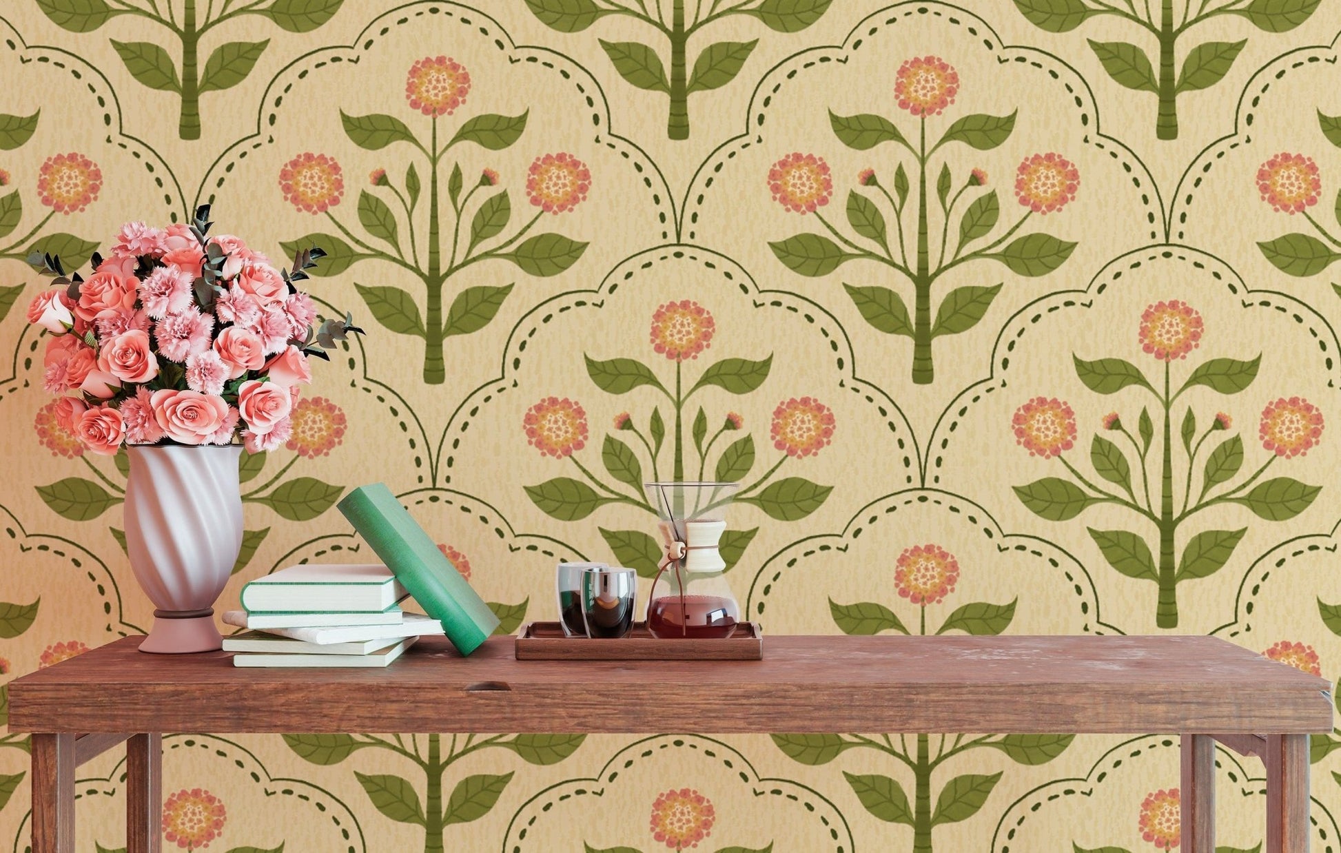 Decorative wallpaper with pink and green florals RNM55
