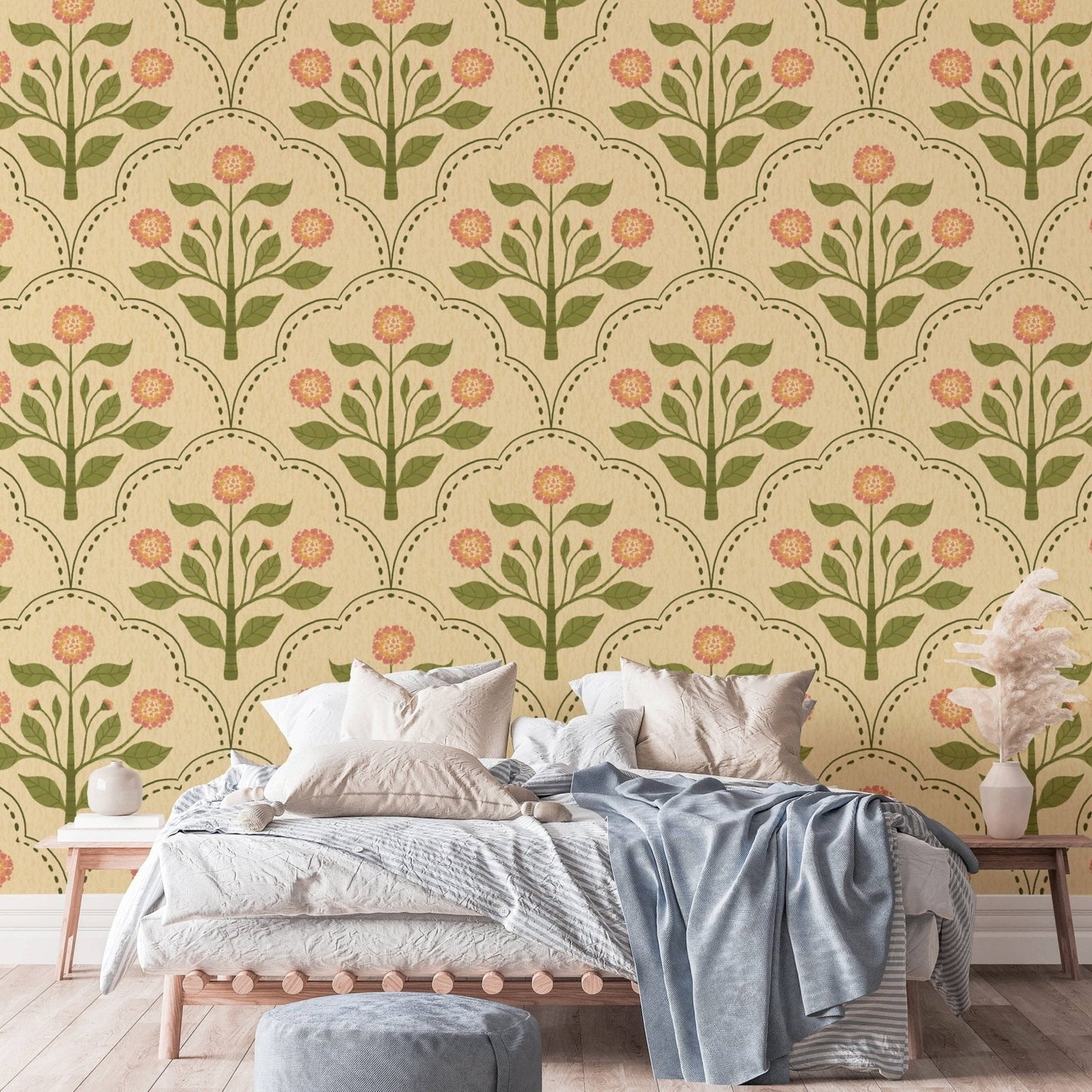 Vintage floral wallpaper with pink lantana flowers RNM55

