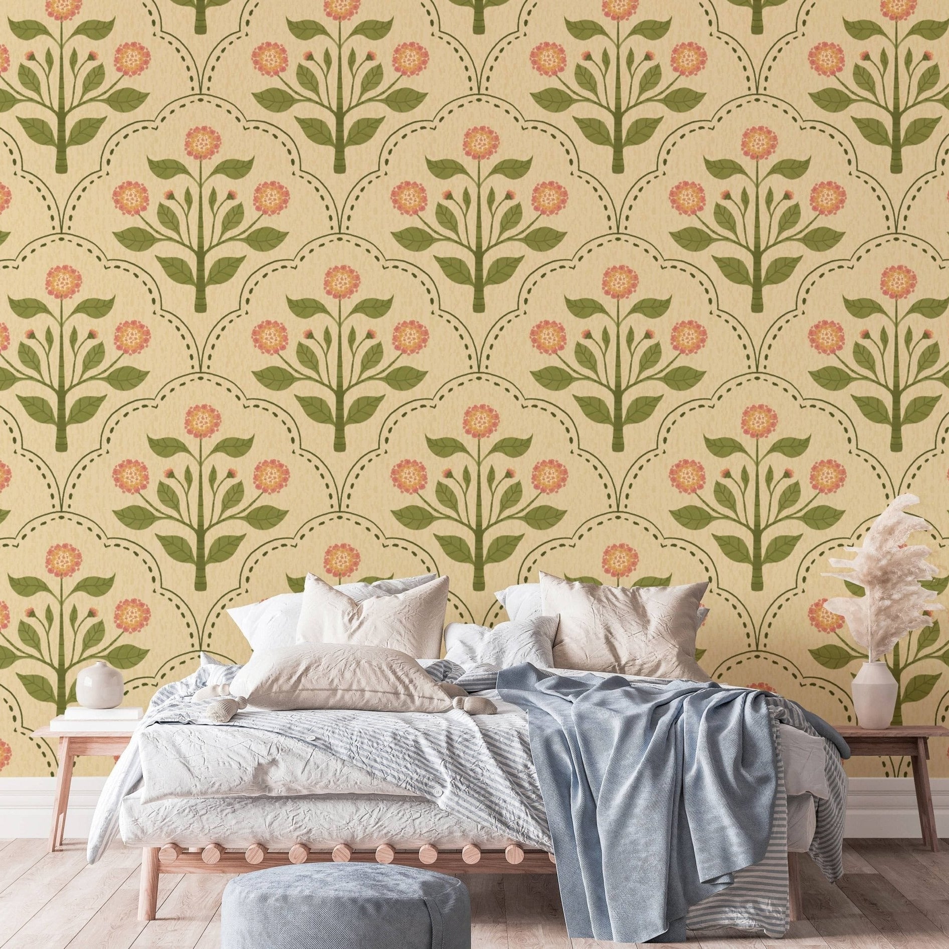 Vintage floral wallpaper with pink lantana flowers RNM55

