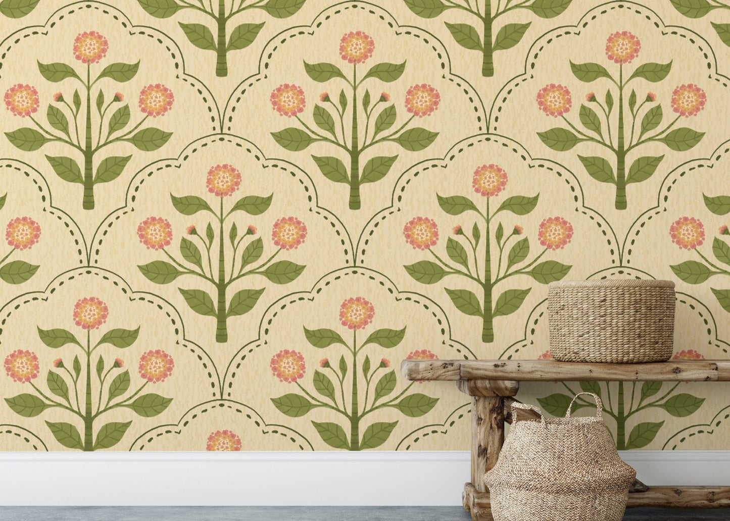 Beige floral wallpaper featuring pink lantana blooms RNM55
