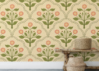 Beige floral wallpaper featuring pink lantana blooms RNM55

