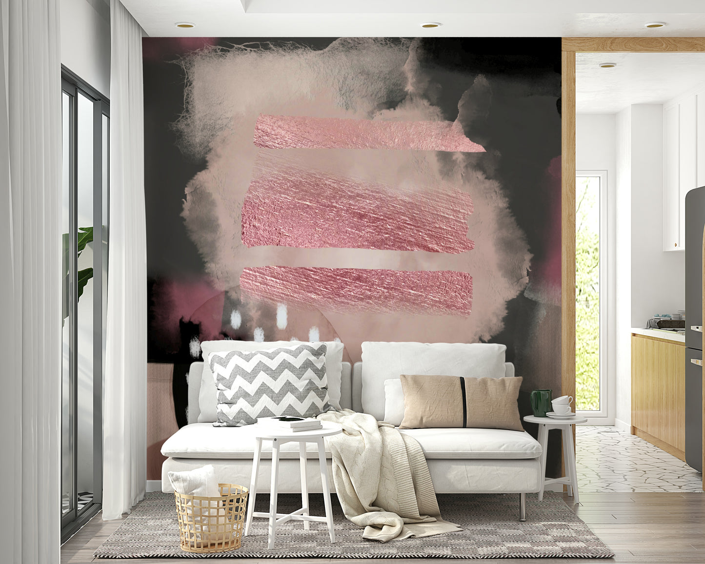 Meditative wallpaper mural in pastel pink tones

