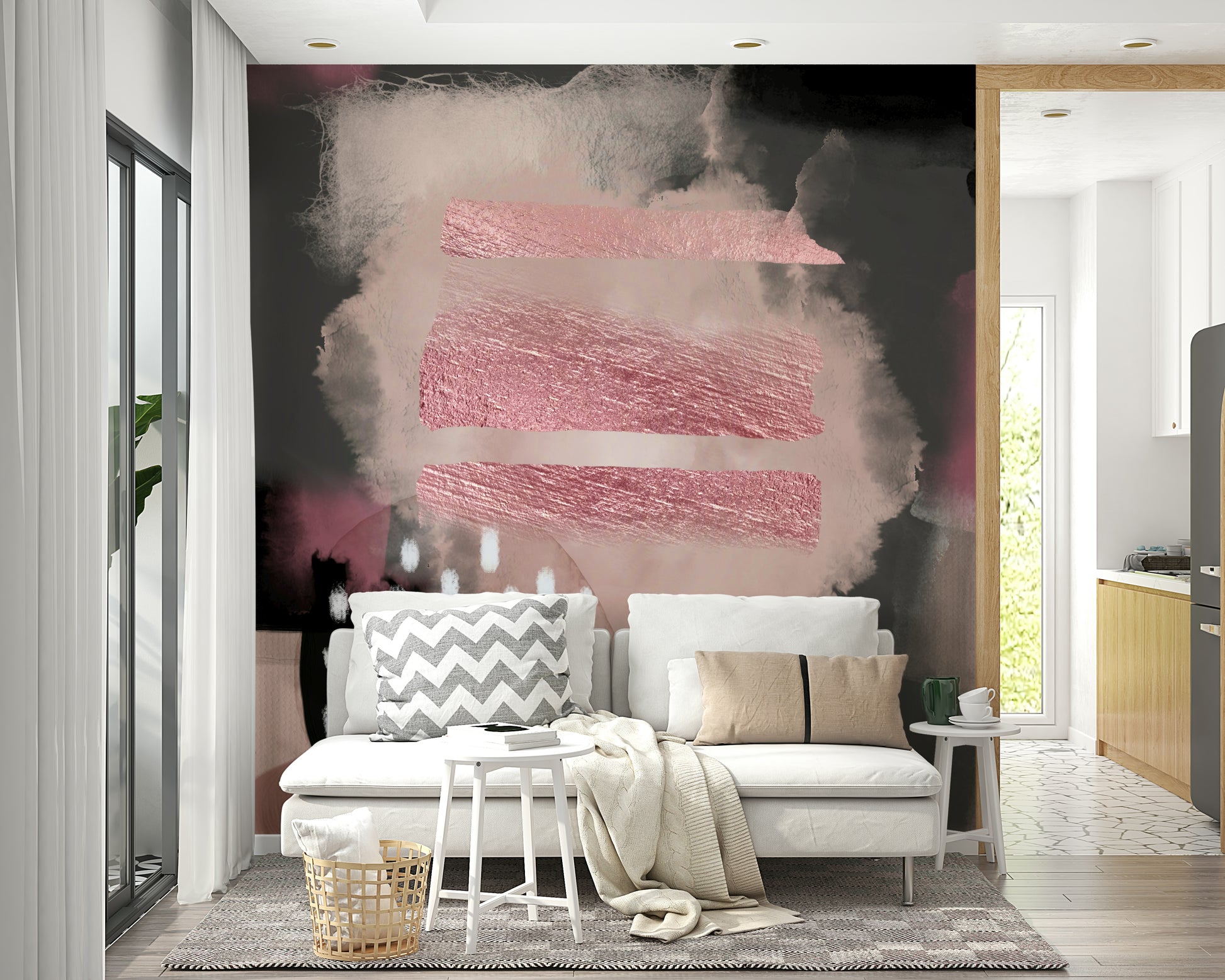 Meditative wallpaper mural in pastel pink tones

