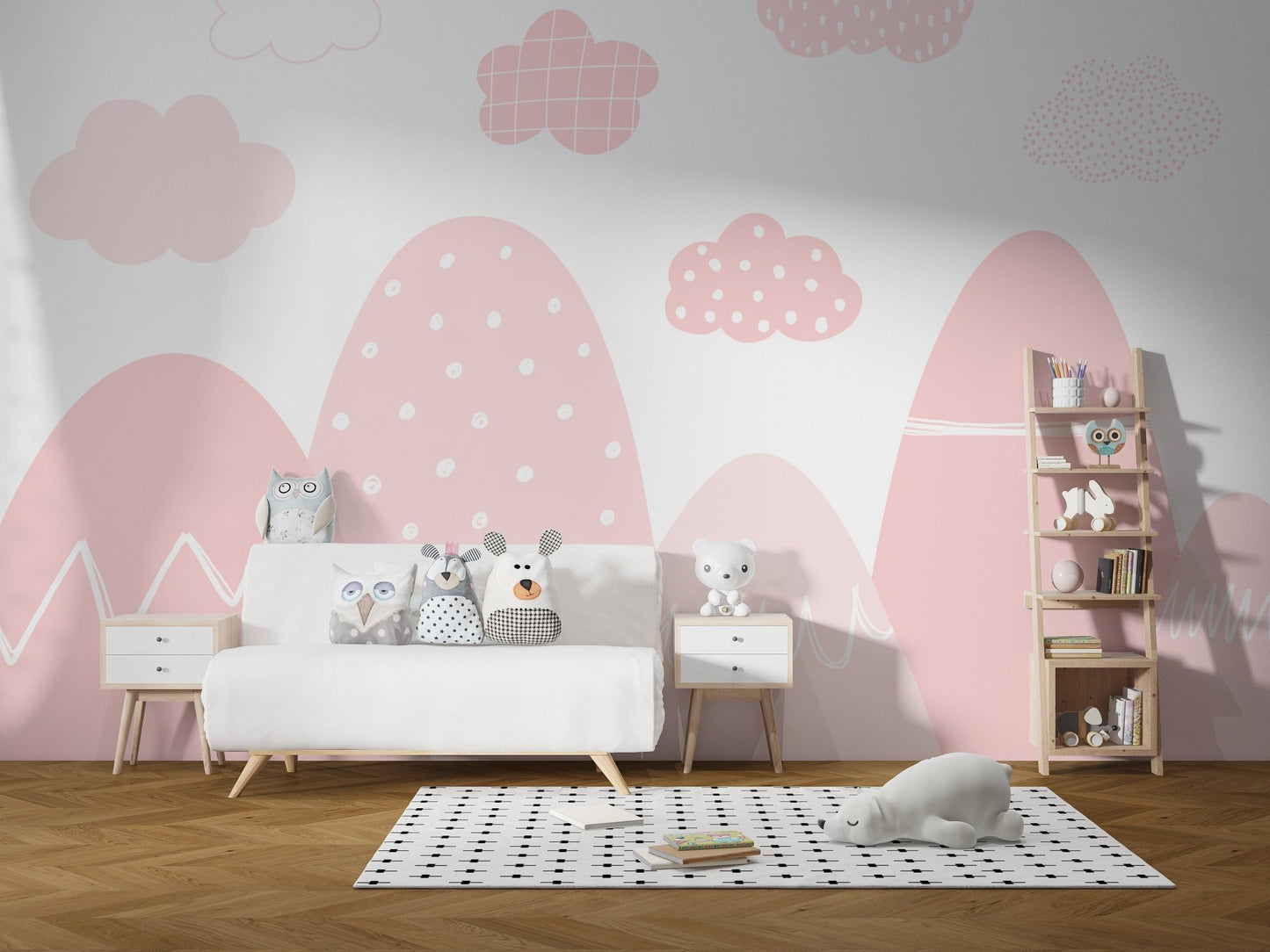 Cute pink and white mountain-themed wallpaper for kids.