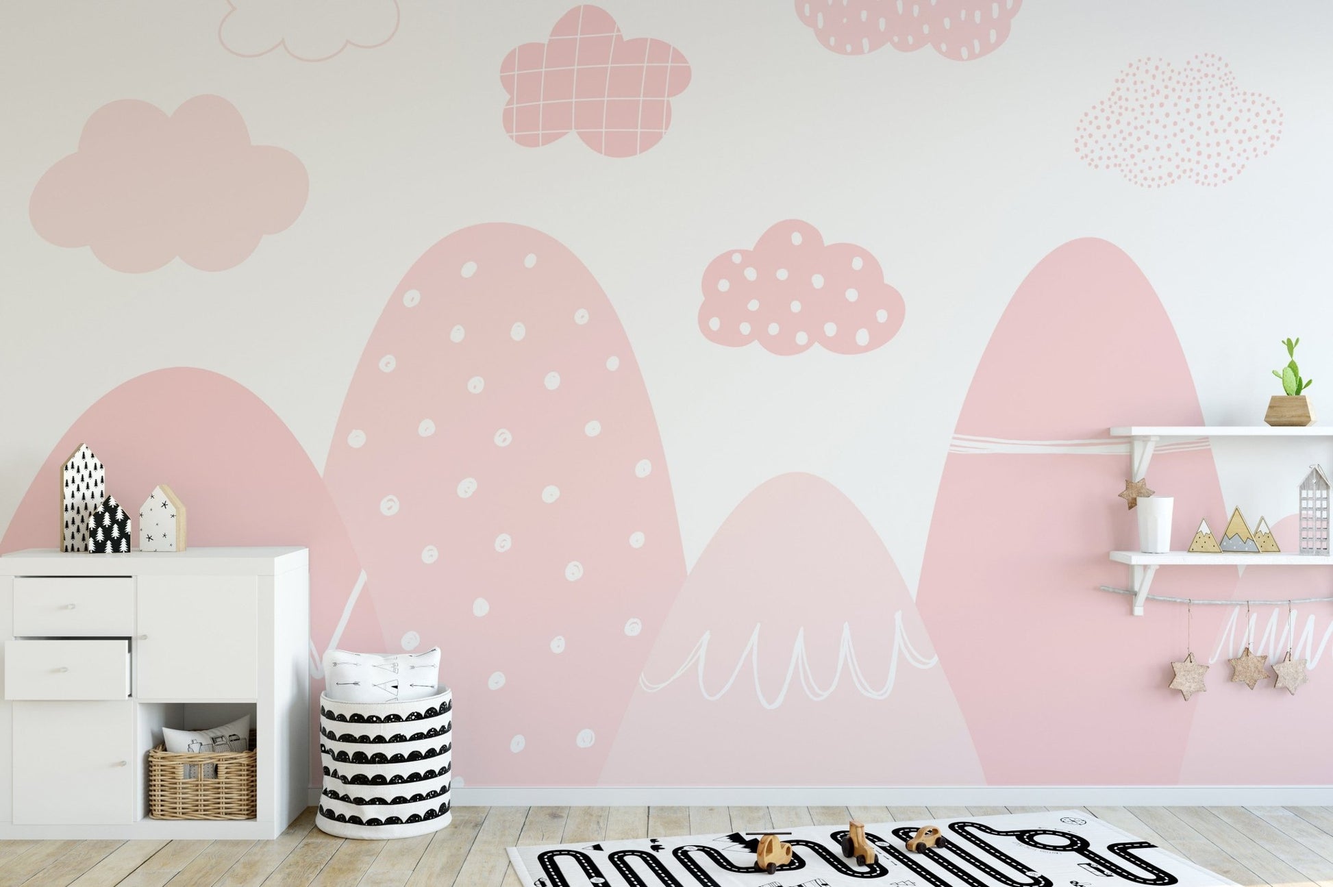Soft pink mountain wall decor for kids' rooms or nurseries.