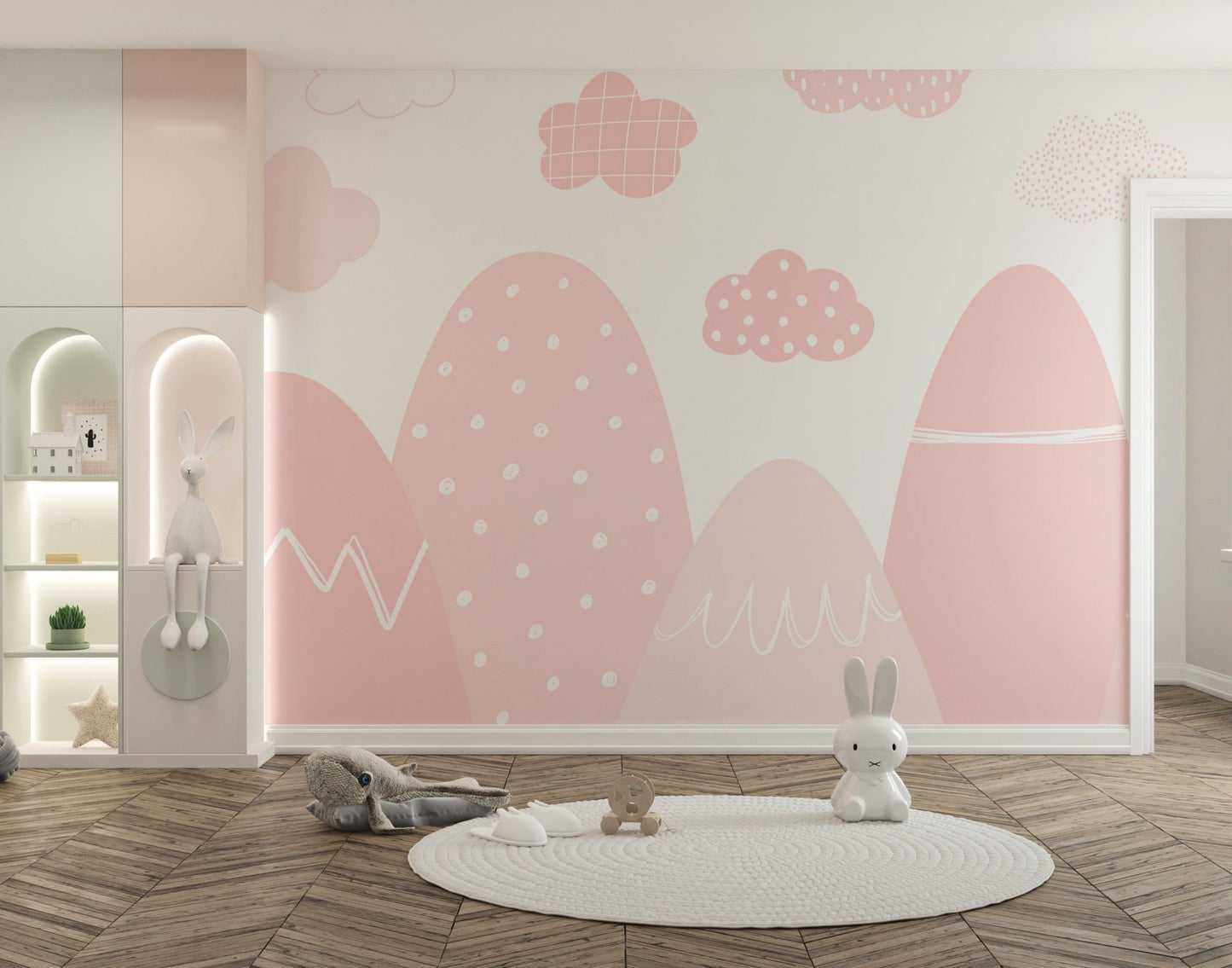 Minimalist pink mountain design for nursery wall decor.