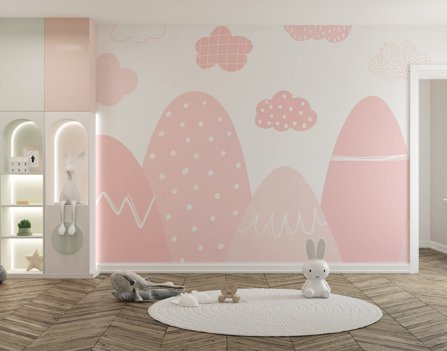 Minimalist pink mountain design for nursery wall decor.