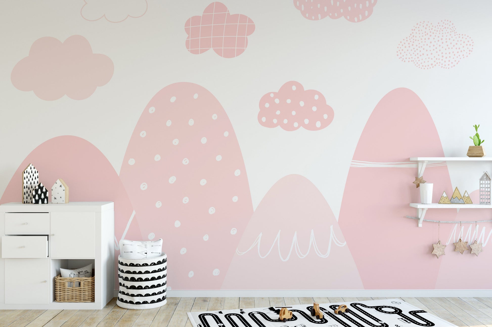 Soft pink mountain wall decor for kids' rooms or nurseries.