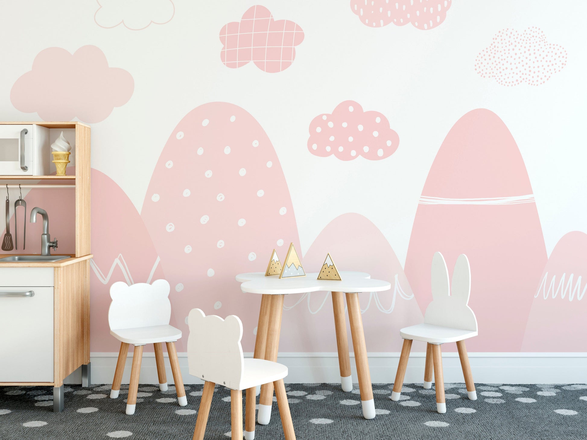 Pink mountain wallpaper with white clouds, Scandinavian style.