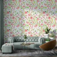 Romantic blush pink wallpaper with leaves

