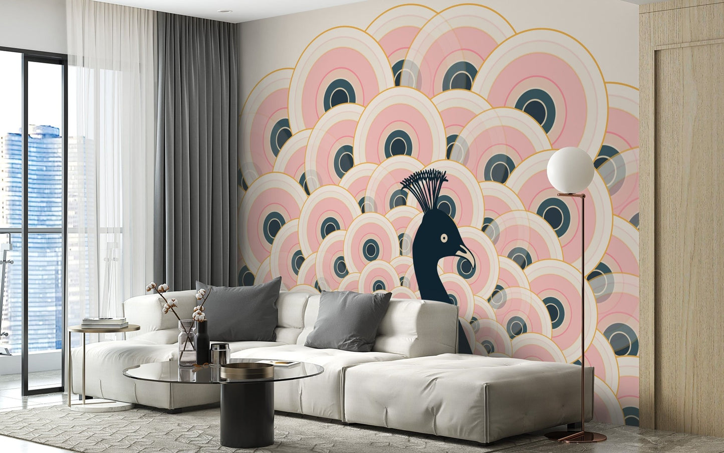 Pink peacock wallpaper mural for modern decor