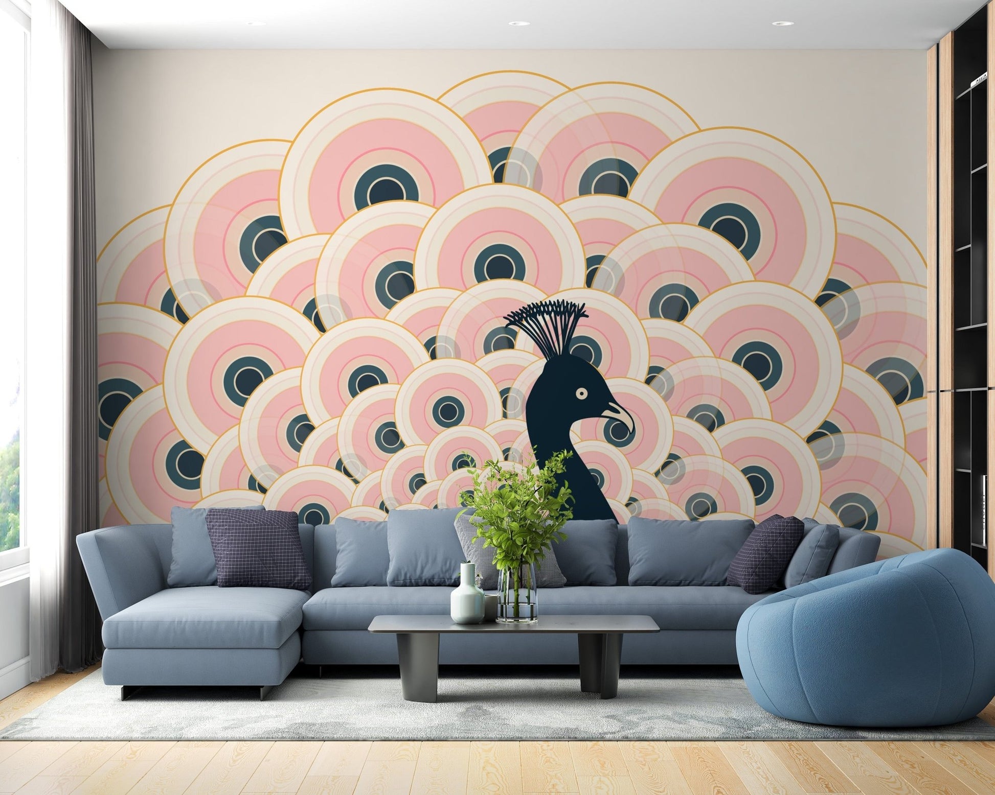 Elegant pink peacock pattern wallpaper for walls