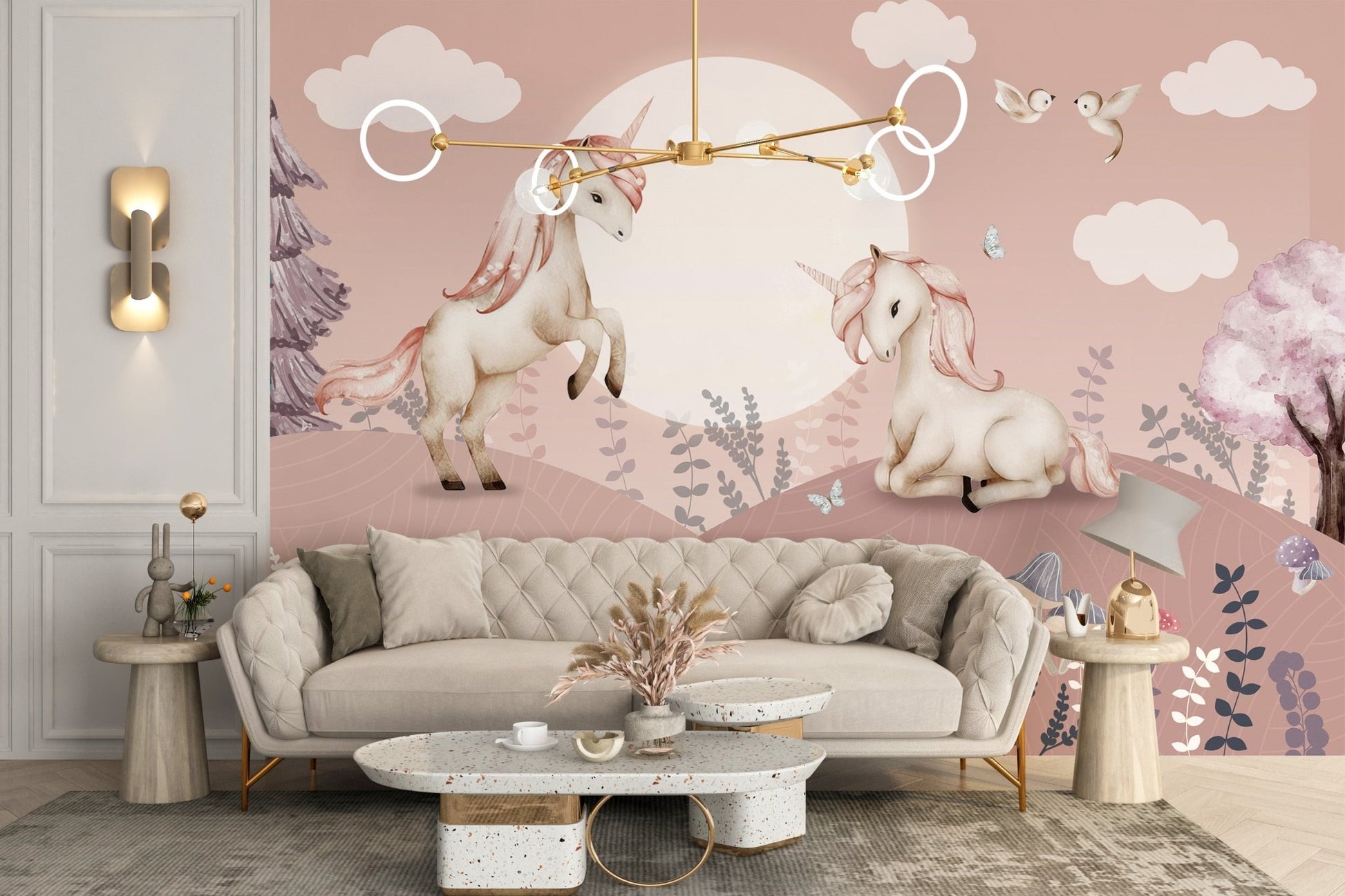 Charming pink Pegasus mural for kids' decor
