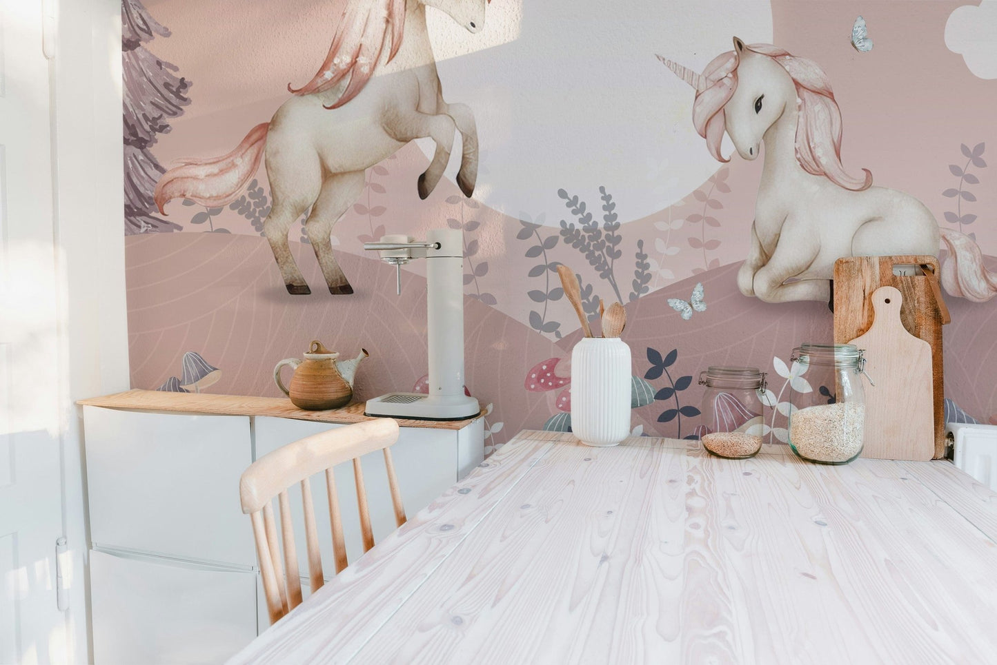 Whimsical pink Pegasus wall mural for interiors
