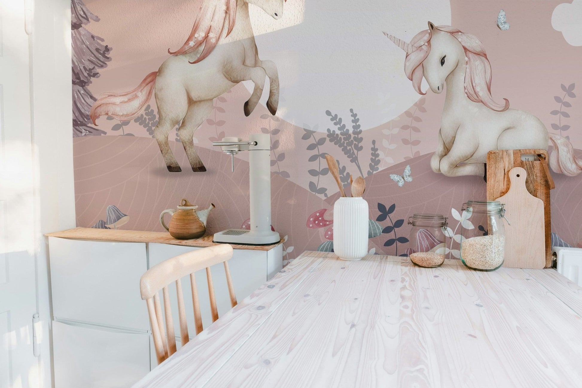 Whimsical pink Pegasus wall mural for interiors
