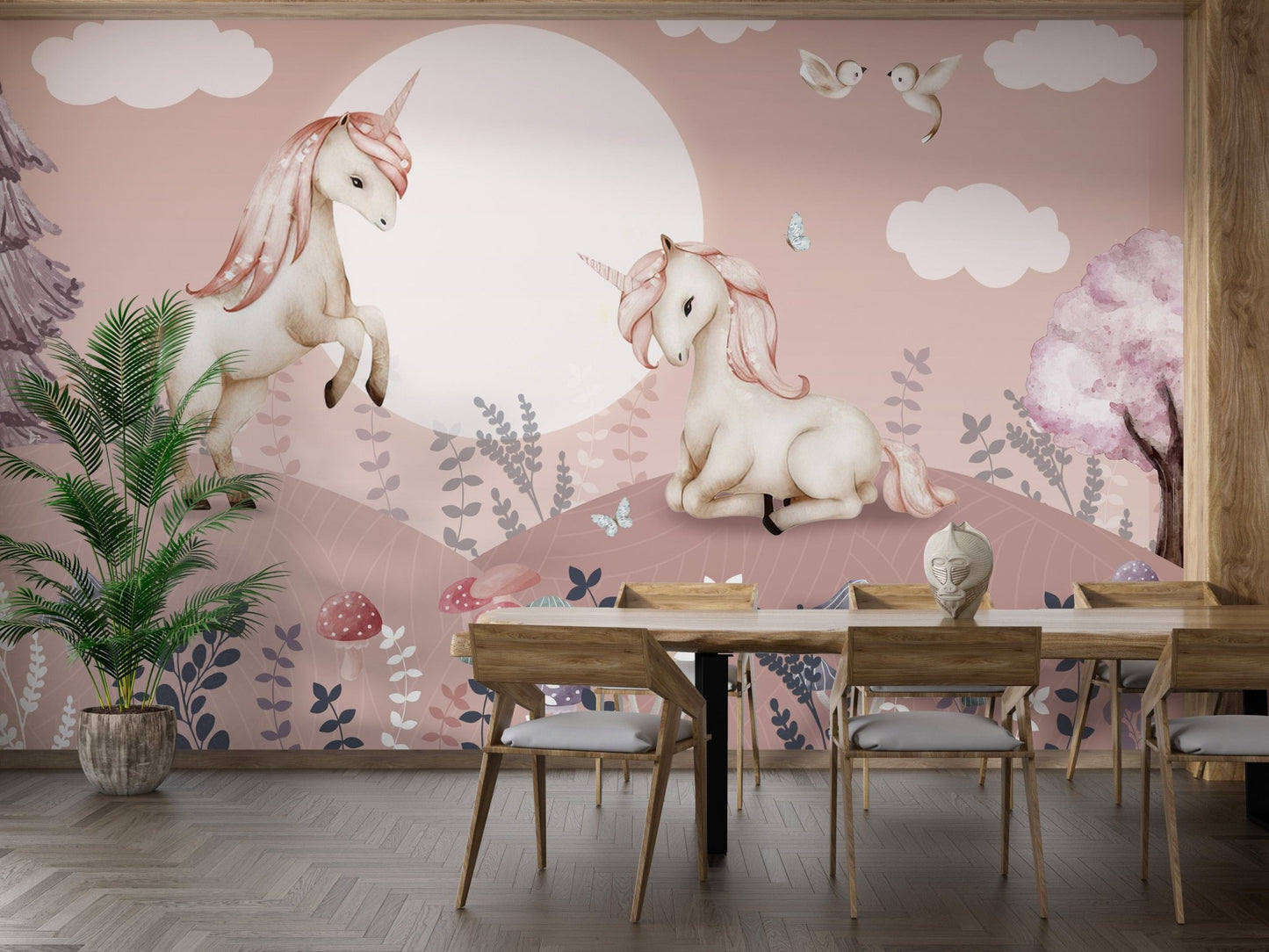 Magical pink Pegasus mural for children's spaces
