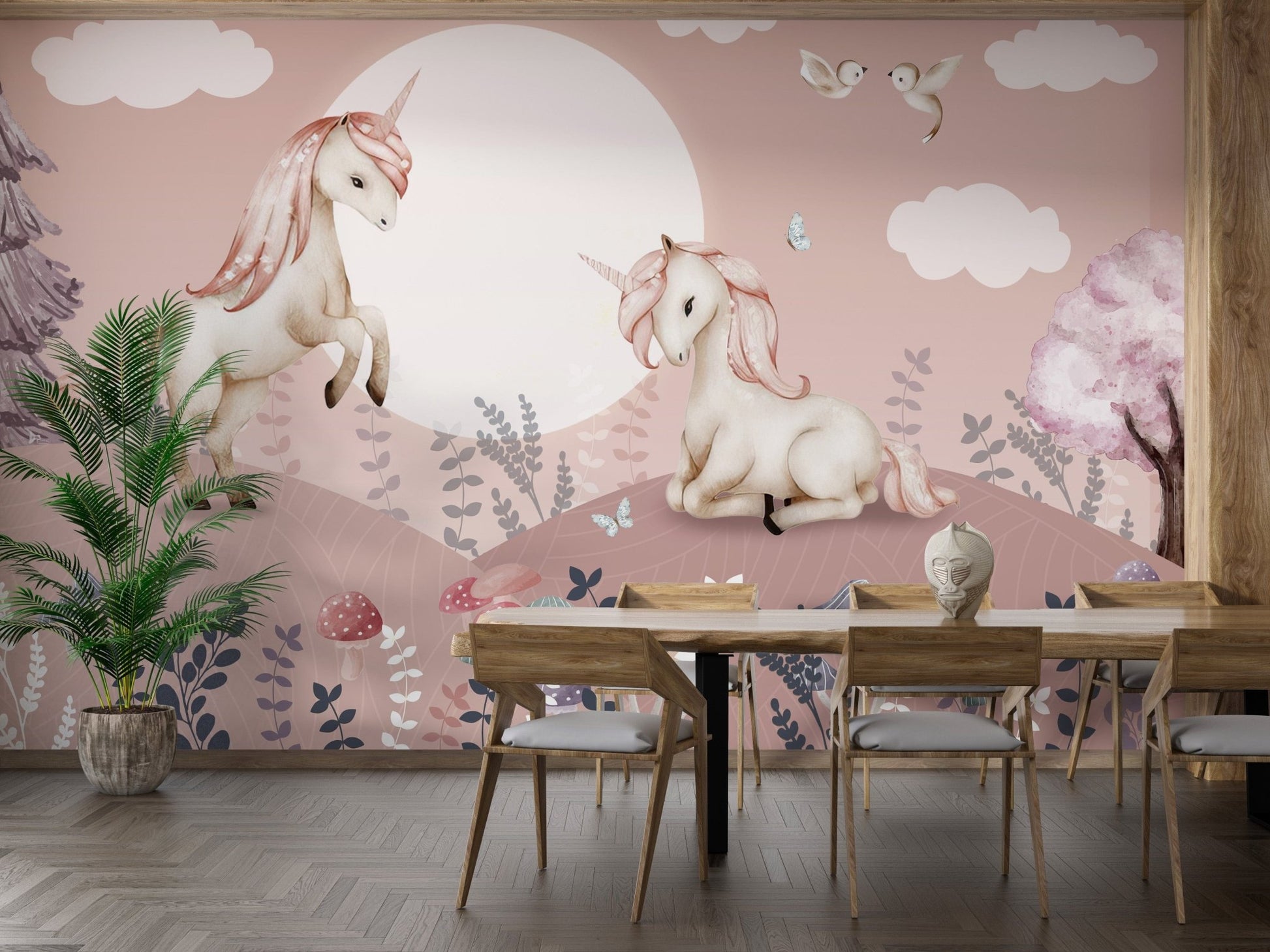 Magical pink Pegasus mural for children's spaces
