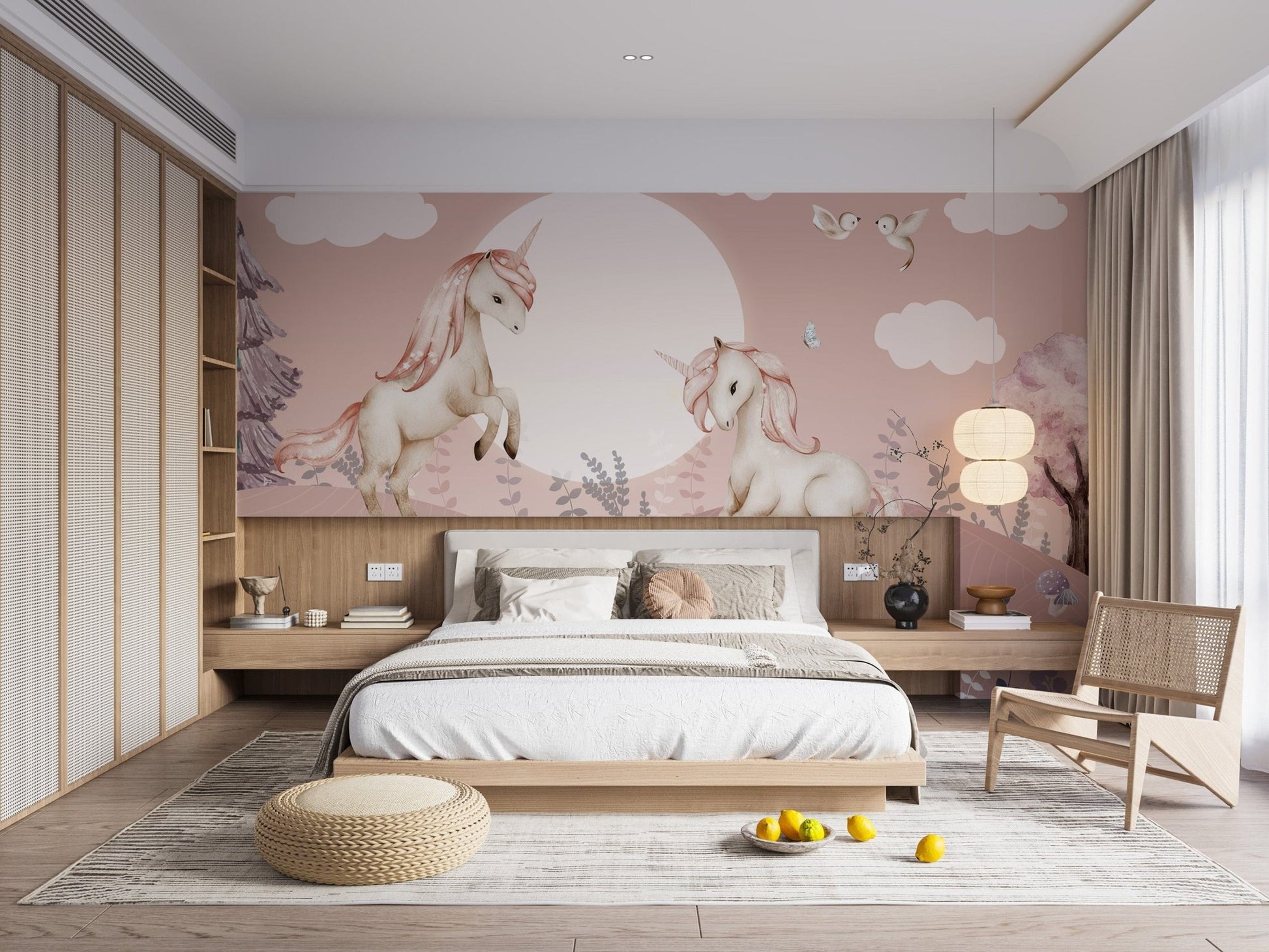 Pegasus-themed pink wall mural for girls' bedrooms
