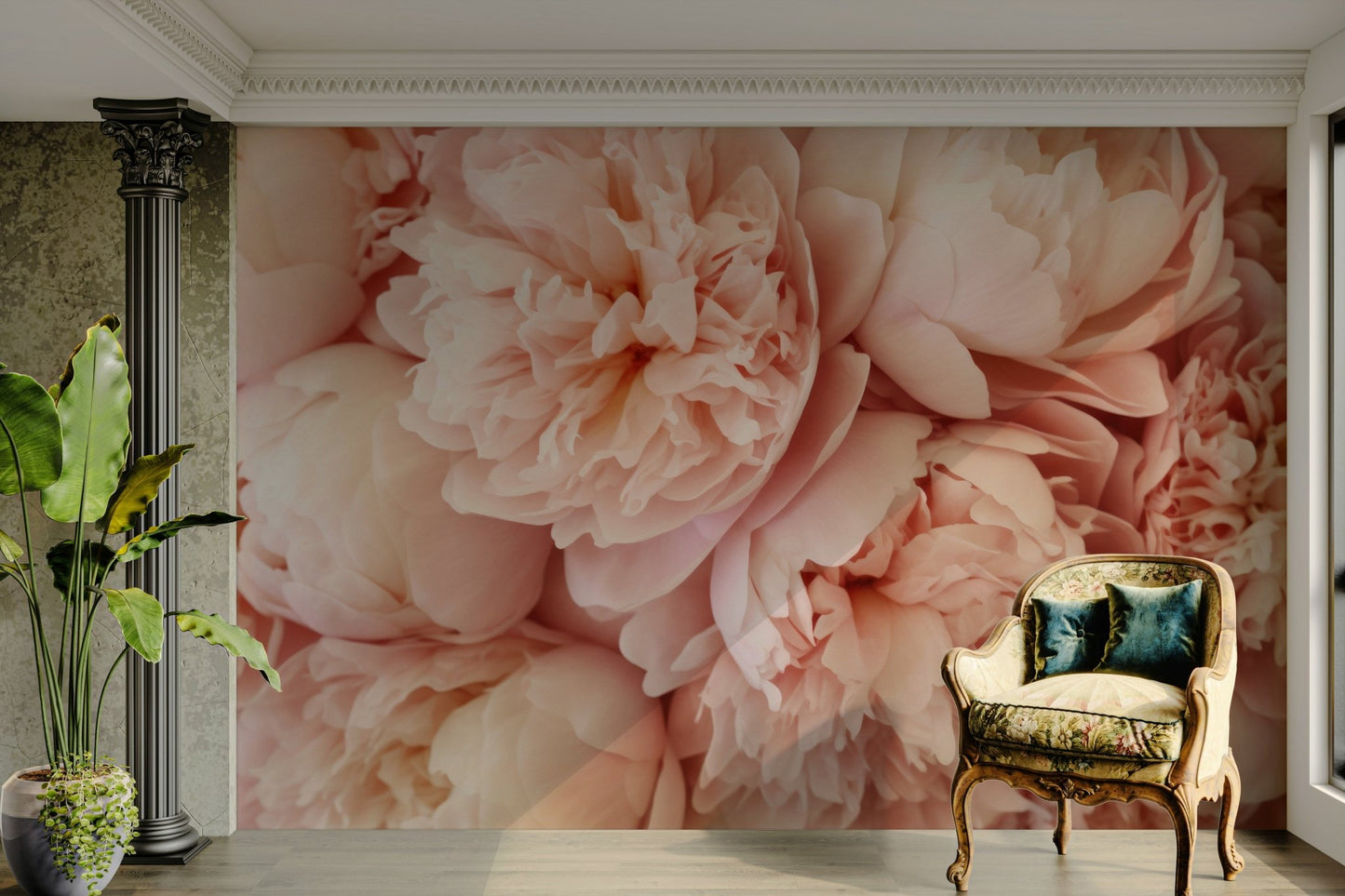 Living room decorated with pink floral wallpaper

