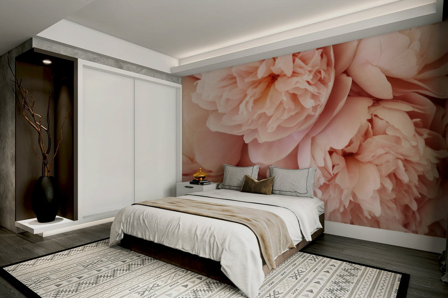 Bedroom accent with soft floral mural

